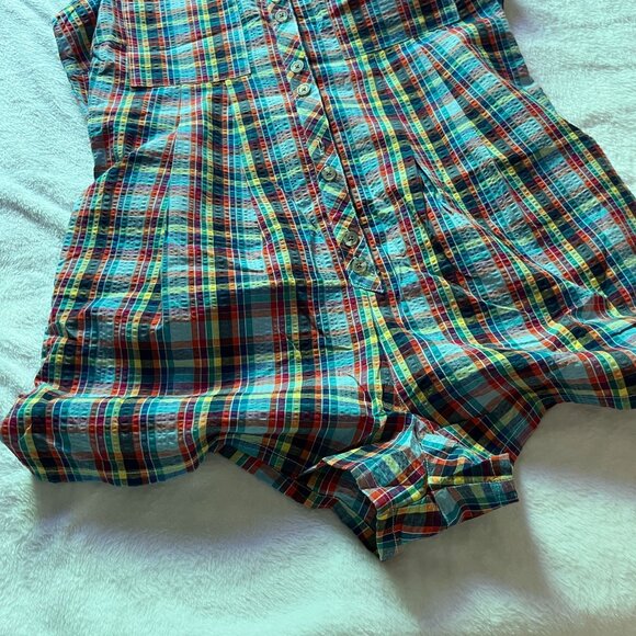 Urban Outfitters Womens Zoey Workwear Romper Medium Short Sleeve Plaid Blue Red - Picture 8 of 11